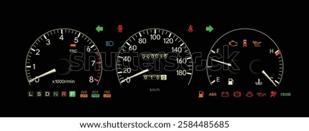 Realistic early 90s Japanese luxury car gauge cluster in electronically controlled 5 speed automatic gearbox with S mode and gasoline engine illustration included traction control vector.