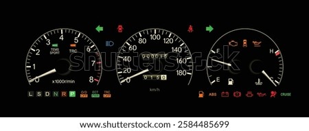 Realistic early 90s Japanese luxury car gauge cluster in electronically controlled 5 speed automatic gearbox with S mode and gasoline engine illustration included sport damper and traction vector.