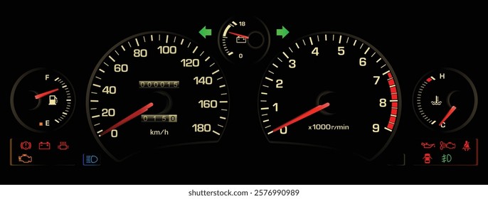 Realistic early 90s Japanese midship sport coupe gauge cluster in natural aspirated gasoline engine manual gearbox excluded cruise control and electric power steering without ABS illustration vector.