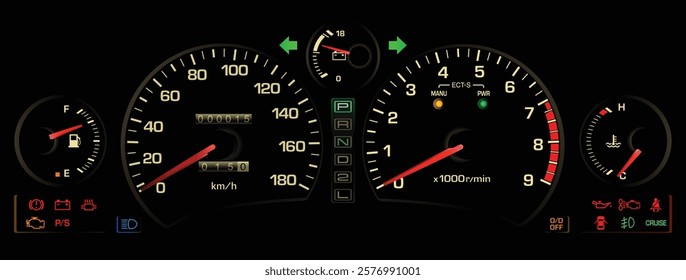 Realistic early 90s Japanese midship sport coupe gauge cluster in natural aspirated gasoline engine automatic gearbox included cruise and electric power steering illustration vector.