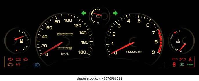 Realistic early 90s Japanese midship sport coupe gauge cluster in natural aspirated gasoline engine manual gearbox included cruise and electric power steering without ABS illustration vector.