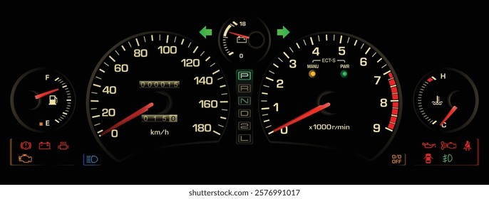 Realistic early 90s Japanese midship sport coupe gauge cluster in natural aspirated gasoline engine automatic gearbox excluded cruise and electric power steering without ABS illustration vector.