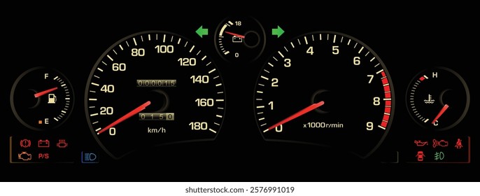 Realistic early 90s Japanese midship sport coupe gauge cluster in natural aspirated gasoline engine manual gearbox with electric power steering without ABS illustration vector.