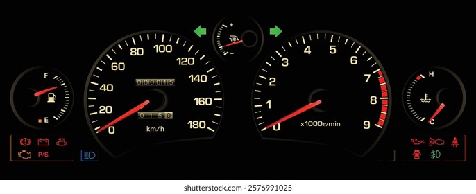 Realistic early 90s Japanese midship sport coupe gauge cluster in turbo intercooler gasoline engine manual gearbox with electric power steering without ABS illustration vector.