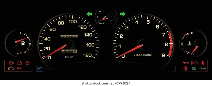 Realistic early 90s Japanese midship sport coupe gauge cluster in turbo intercooler gasoline engine manual gearbox included cruise control with seatbelt warning illustration vector.