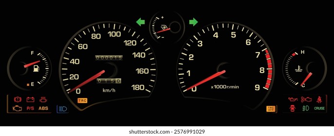 Realistic early 90s Japanese midship sport coupe gauge cluster in turbo intercooler gasoline engine manual gearbox included traction and cruise control with seatbelt warning illustration vector.