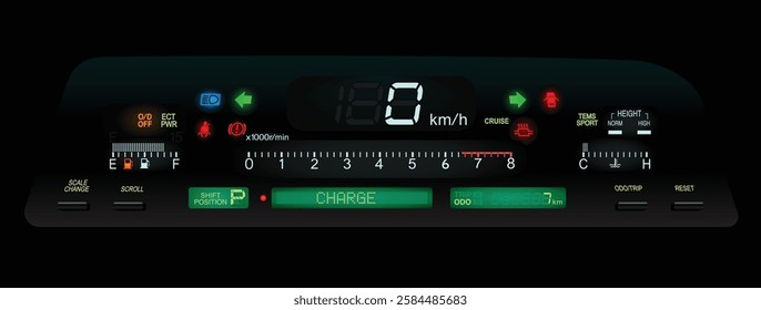 Realistic early 90s Japanese ultra luxury car digital LCD reflex gauge cluster in electronic controlled 4 speed automatic gearbox and gasoline engine without airbag and  traction illustration vector.