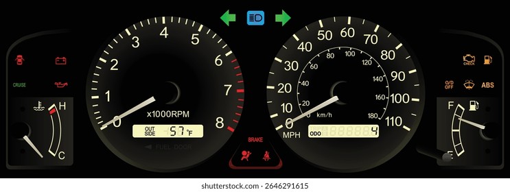 Realista início Y2K japonês carro top guarnição EUA especificações painel de instrumentos com transmissão automática e pleno funcionamento em branco tema iluminação ilustração vetor.