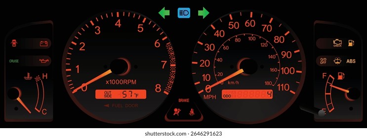 Realista início Y2K japonês carro esporte guarnição EUA especs branco calibre face painel de instrumentos com transmissão automática e pleno funcionamento em vermelho tema iluminação ilustração vetor.