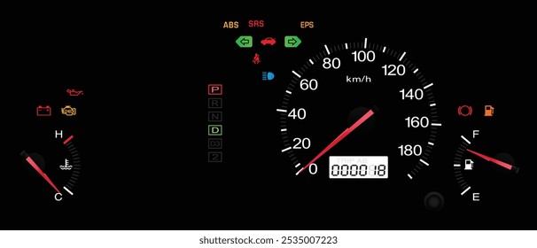 Realistic early Y2K Japanese compact sedan instrument panel Japanese specs with automatic transmission gear indicator without tachometer and side airbag warning light illustration vector.