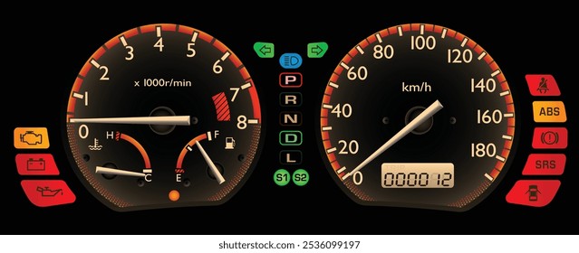 Realista início Y2K japonês crossover SUV painel de instrumentos especificação japonesa com iluminação laranja e transmissão continuamente variável incluído S1 e S2 modo ilustração vetor.