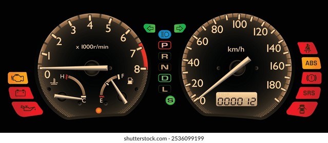 Realistic early Y2K Japanese crossover SUV instrument panel Japanese specification with grey illumination and continuously variable transmission included S mode illustration vector.