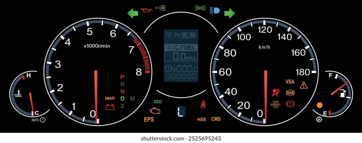 Realista temprano Y2K japonés Grande sedán del coche del panel de instrumentos Especificación japonesa con iluminación azul e indicador de posición de la caja de cambios automática con Vector de ilustración de crucero adaptativo.