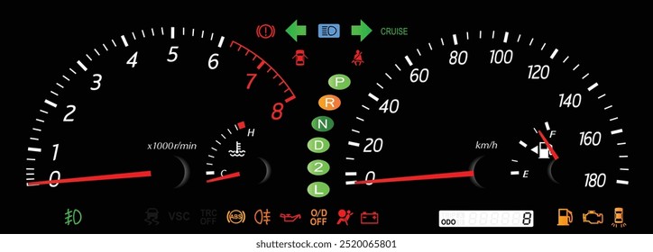 Realista temprano Y2K japonés sedán de tamaño mediano de ajuste de lujo en Especificaciones japonesas con motor de gasolina caja de cambios automática en iluminación blanca incluido Vector de ilustración de control de crucero.