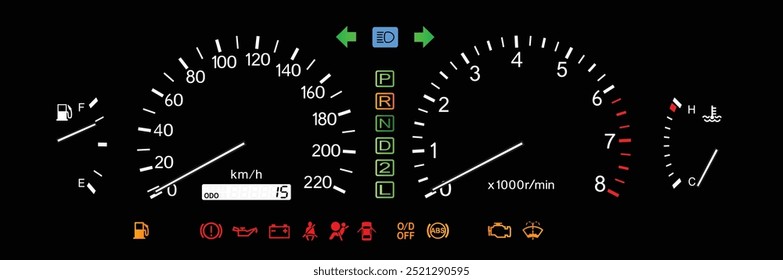 Grande sedán de lujo japonés realista temprano Y2K en Especificaciones australianas con caja de cambios automática de motor de gasolina en Vector de ilustración de velocímetro analógico de iluminación electroluminiscente blanco.