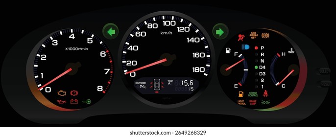 Realistic early Y2K night Japanese base trim large sedan gauge cluster in fully function digital trip meter white theme with outside temp and bold font without traction control illustration vector.