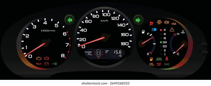 Realistic early Y2K night Japanese luxury trim large sedan gauge cluster in fully function digital trip meter white theme with outside temp and bold font include traction control illustration vector.