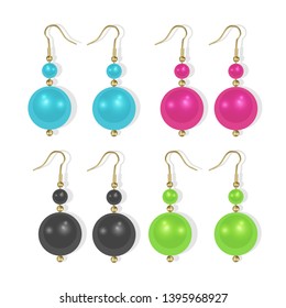 Realistic earrings icons set. Gold jewelry, Pearl earrings of bright colors on white background, Vector EPS 10 illustration