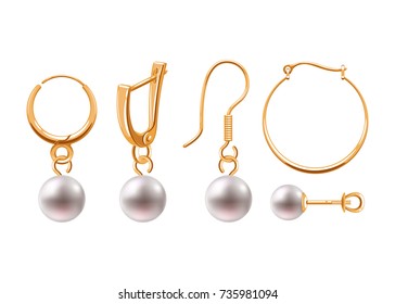 Realistic earrings icons set. Golden jewelry. Stud hoop drop dangle earrings designs.