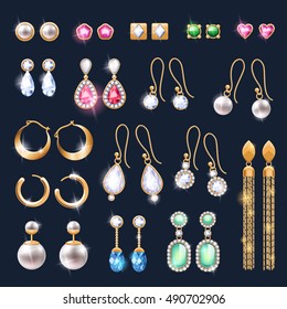 Realistic earrings jewelry accessories icons set. Gold and diamond pearl gemstones pendant vector illustration. Stud hoop drop dangle earrings designs.