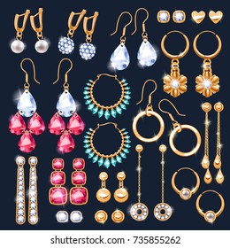 Realistic earrings jewelry accessories icons set. Gold and diamond pearl gemstones pendant vector illustration. Stud hoop drop dangle earrings designs.