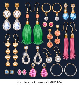 Realistic earrings jewelry accessories icons set. Gold and diamond pearl gemstones pendant vector illustration. Stud hoop drop dangle earrings designs.