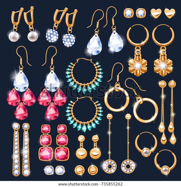 Realistic earrings jewelry accessories\
icons set. Gold and diamond pearl gemstones pendant vector\
illustration. Stud hoop drop dangle earrings\
designs.