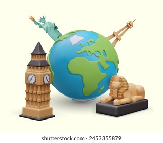 Realistic Earth, Eiffel Tower, Statue of Liberty, Big Ben, Great Sphinx