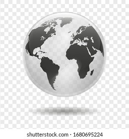 Realistic Earth globe icon isolated on transparent background. North and South America, Europe, Asia and Africa. Vector world map.