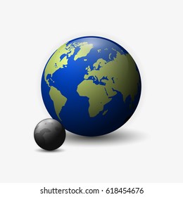 Realistic Earth with moon 3d vector illustration isolated on white background.