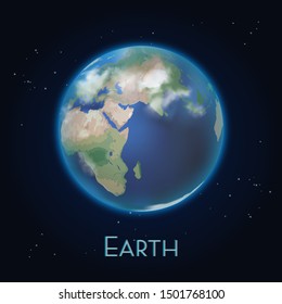 Realistic Earth planet icon. Space view on green or blue globe with ocean. Outer space or cosmos, galaxy or universe, astronomy, world and science. Africa and Europe, Asia on sphere