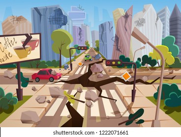 Realistic earthquake with ground crevices in cartoon ruined urban city houses with cracks and damages. Natural disaster or cataclysm, nature catastrophe vector illustration.