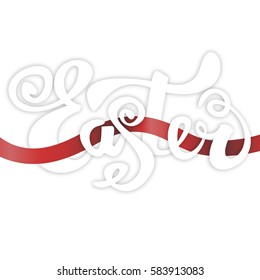Realistic Easter banner with red ribbon style lettering. Vector illustration on a white background.