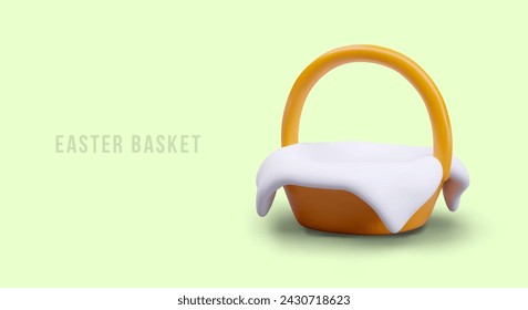 Realistic Easter basket covered with white napkin. Vector holiday mockup