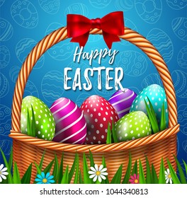 Realistic Easter basket with red bow and colorfull Easter eggs, with grass and flowers in field with seamless ornament.  Happy Easter Vector illustration greeting card ads, web-banner, promotion