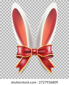 Orejas de conejo de Pascua realistas con un elemento aislado del arco rojo en un fondo transparente