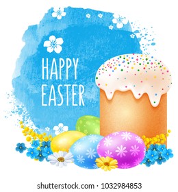 Realistic Easter cake, colored eggs and spring flowers on watercolor blue backdrop with inscription Happy Easter. Isolated on white background. Vector illustration.