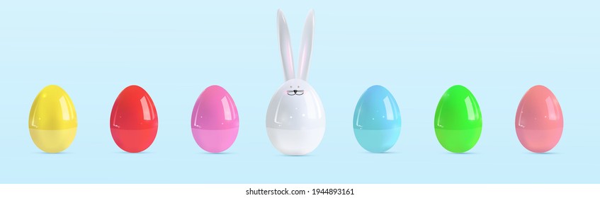 Realistic Easter ceramic eggs. Egg in the form of a rabbit. Set for design. Vector illustration