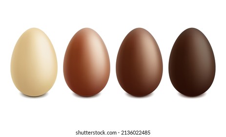 Realistic easter chocolate egg, white, milk and dark chocolate eggs. Easter eggs different chocolate vector illustration set. Easter holiday sweet treats. Sweet eggs easter, milk brown chocolate