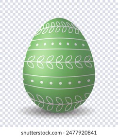 Huevo de Pascua realista. Patrones verdes y blancos con ramas en el huevo. Tradicional fiesta religiosa de primavera. Plantilla y disposición. Ilustración vectorial 3D aislada sobre fondo transparente