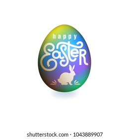 Realistic easter egg with inscription "Happy Easter" and silhouette of Easter Bunny. Color image on white background. Vector illustration art. Template for creating festive products.