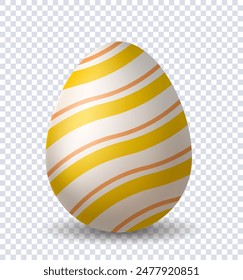 Realistic Easter egg. Yellow and white patterns at egg. Traditional spring religious holiday. Creativity and art object. 3D vector illustration isolated on transparent background