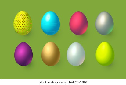 Realistic Easter eggs 3D set. Holiday decoration.