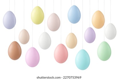 Realistic easter eggs banner, celebration greeting poster with colorful pastel egg. Hang on ropes objects, 3d decorative abstract spring pithy vector decor