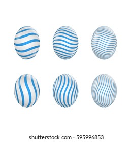 Realistic Easter eggs with blue stripped decorative ornamental patterns