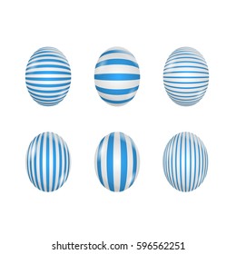 Realistic Easter eggs with blue stripped decorative ornamental patterns