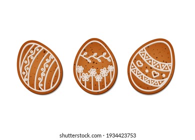 Realistic Easter eggs in the form of gingerbread with white icing. Isolated vector objects on a white background. 
