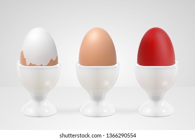 Realistic easter eggs in holder set. Collection of three chicken boiled eggs in a glass. Brushed, regular and dyed eggs. Vector eps10