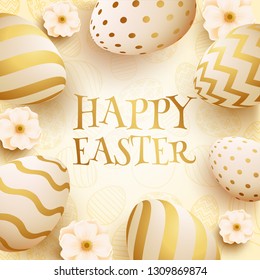 Realistic easter eggs on glossy leaves decorated background for Easter celebration poster or greeting card design.