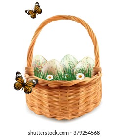 Realistic Easter eggs with patterns in a basket. Vector illustration.